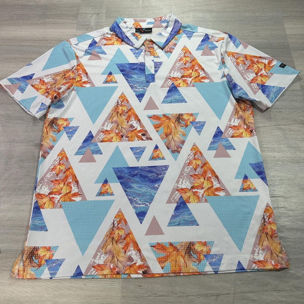 Yatta Golf Polo Shirt Mens Large‎ Multicolor Triangle Leaf Print Golf Stretch